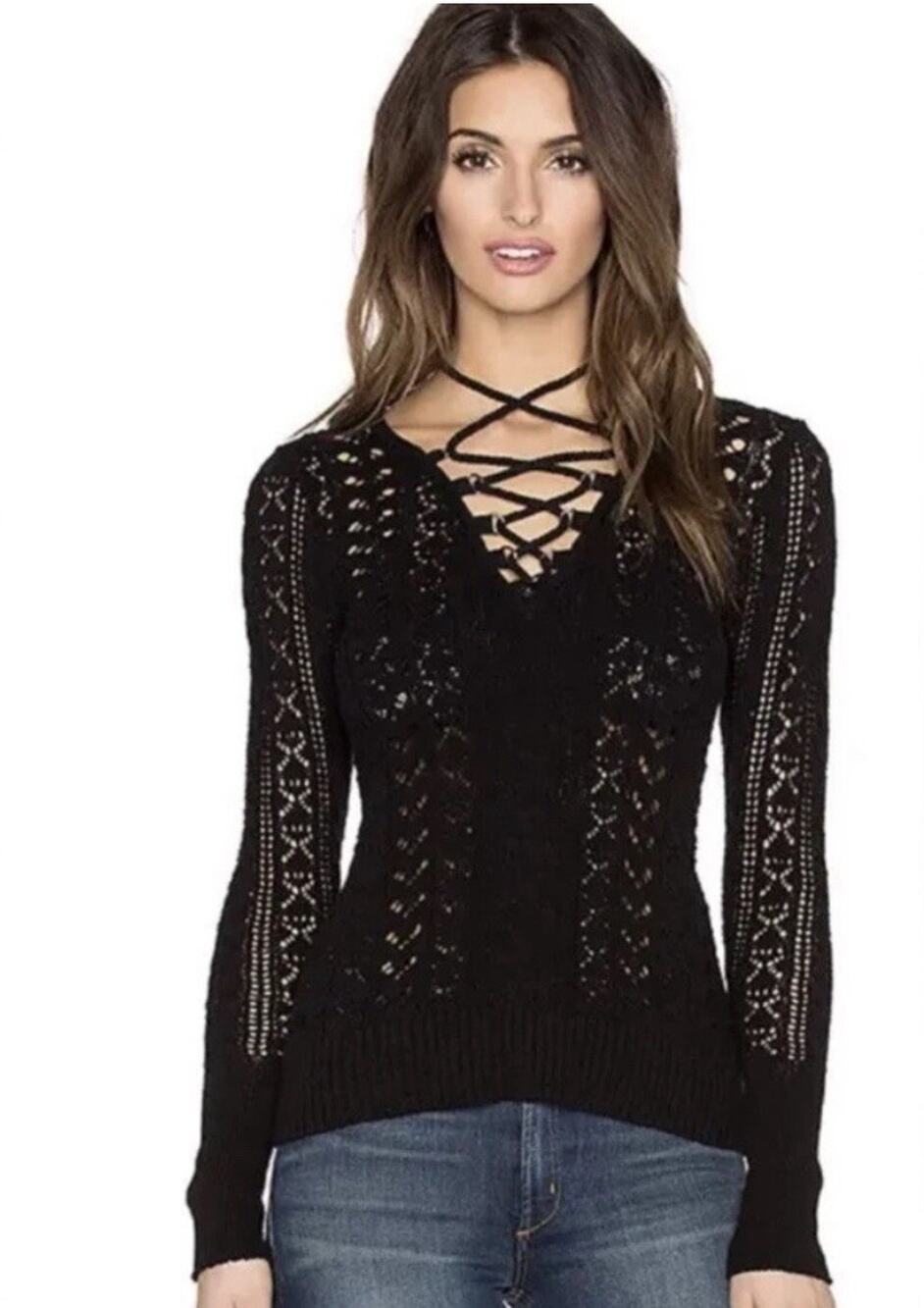 FREE PEOPLE Ginger Lace Up Criss Cross Black Top Sz SP